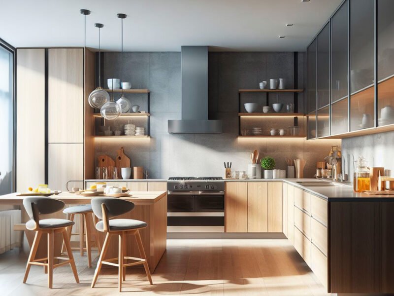 Cocina en madera con tonalidades en gris, en la estancia una mesa y unas sillas de estilo moderno