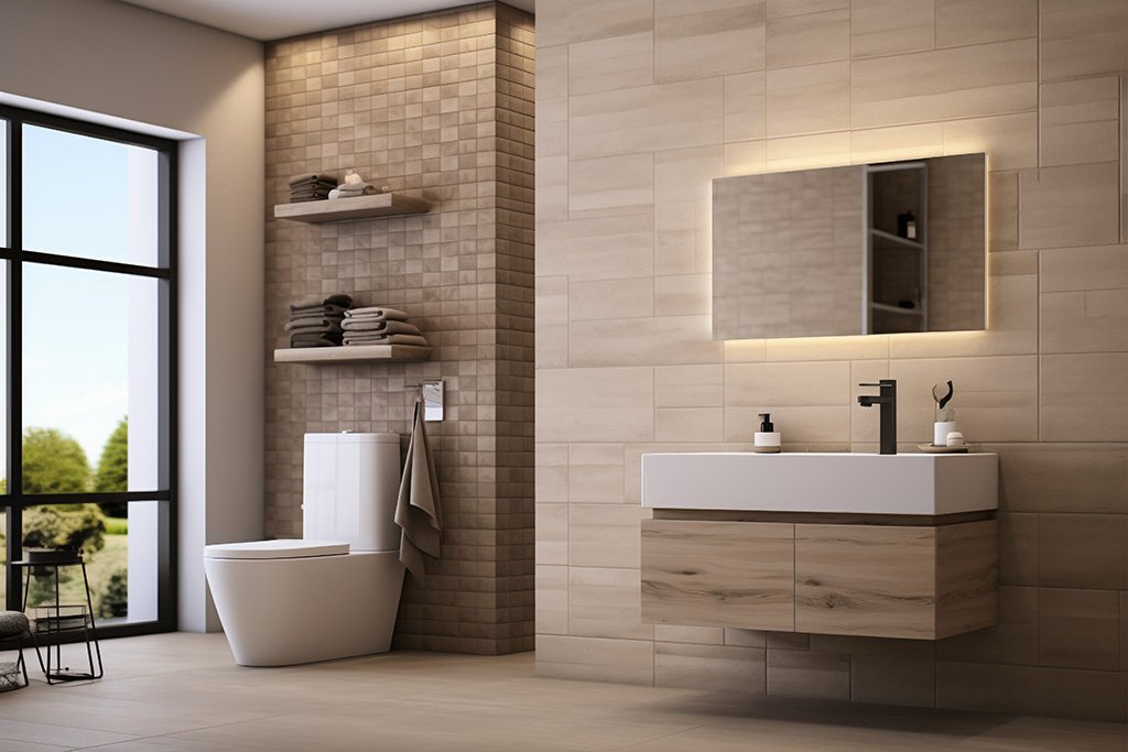 Baño pequeño de estilo moderno, tonos tierra y muebles colgados  y espejo rectangular